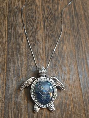 Silver Turtle Pendant Necklace with Blue Abalone Shell